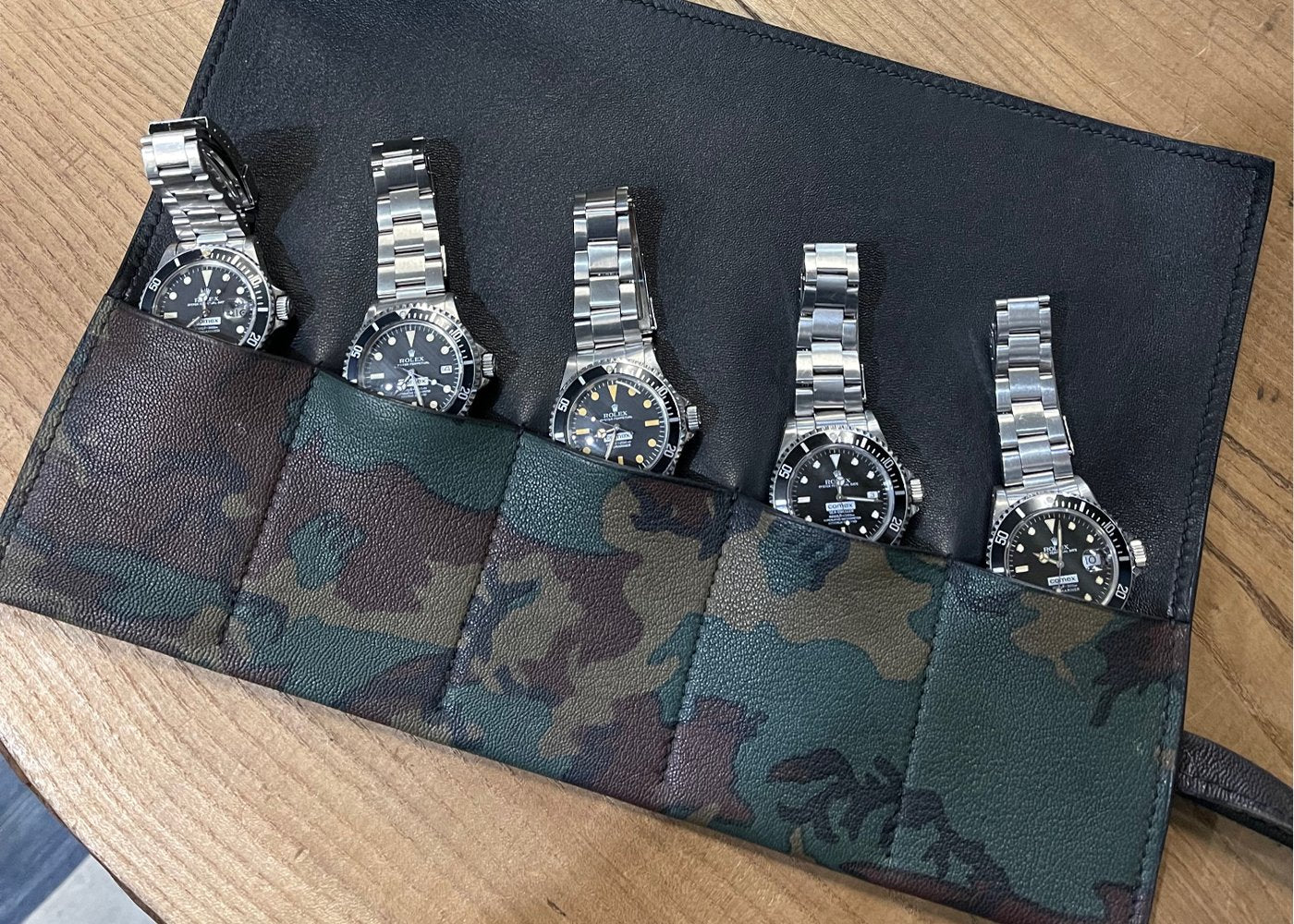 FIVE POUCH WOODLAND CAMO PRINTED LAMBSKIN WATCH ROLL
