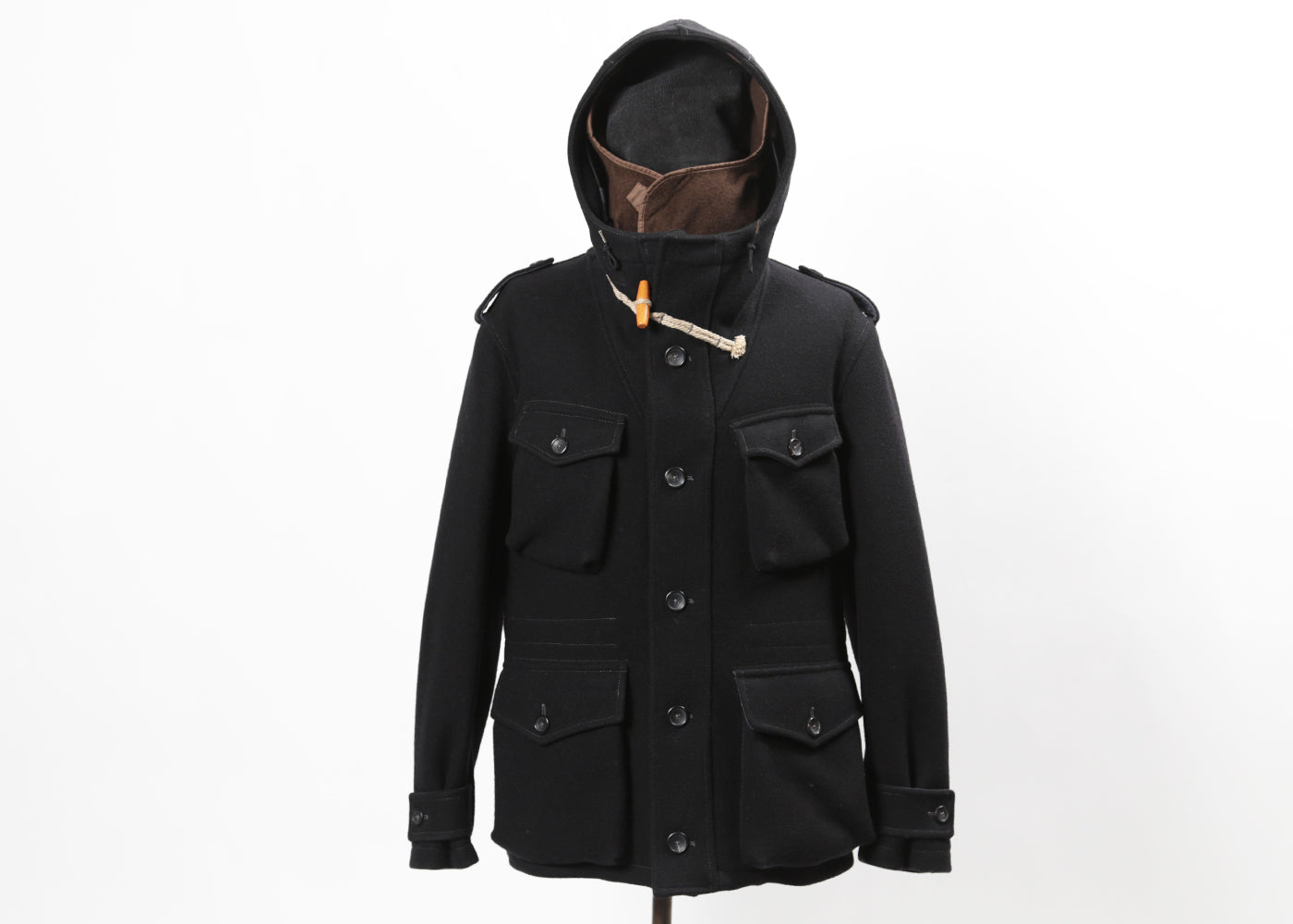 TEN C BLACK SMOCK WOOL COAT W/ BROWN DOWN LINER 4020/3011