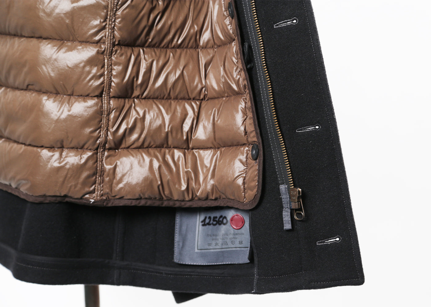 TEN C BLACK SMOCK WOOL COAT W/ BROWN DOWN LINER 4020/3011