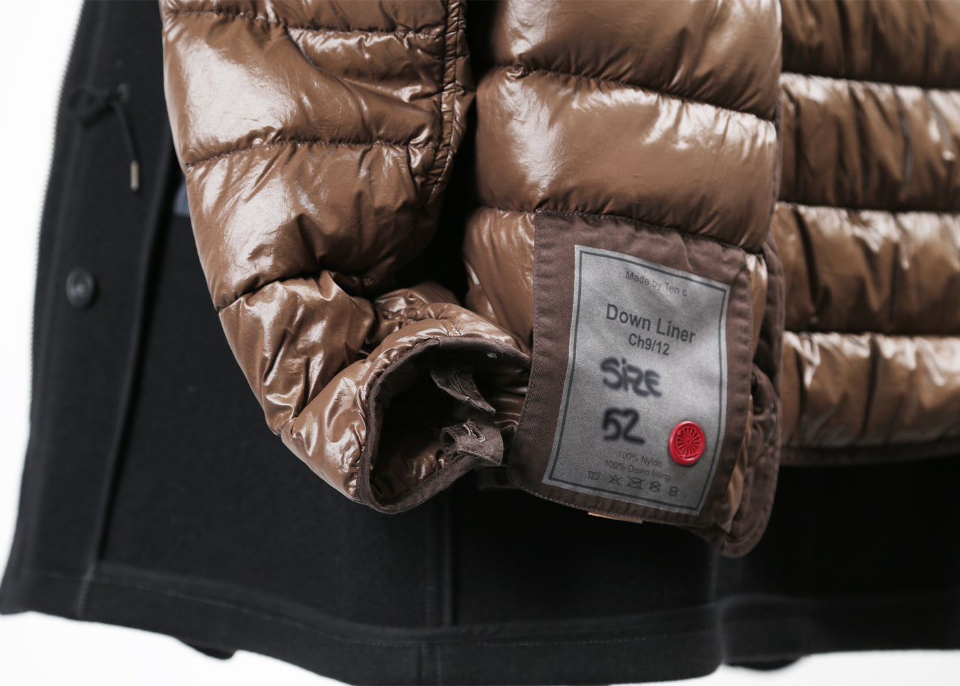 TEN C BLACK SMOCK WOOL COAT W/ BROWN DOWN LINER 4020/3011