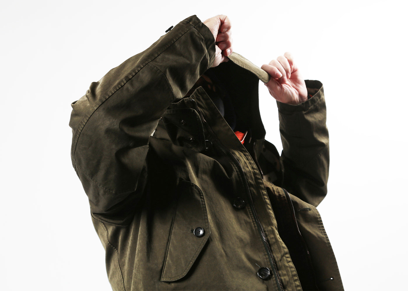 TEN C DARK GREEN PARKA W/ ORANGE DOWN LINER 4069/3113