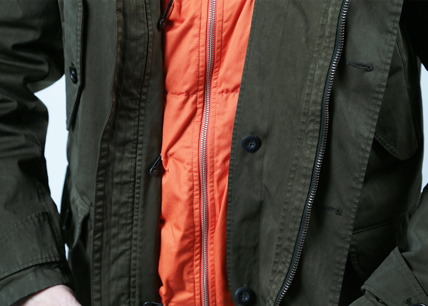 TEN C DARK GREEN PARKA W/ ORANGE DOWN LINER 4069/3113